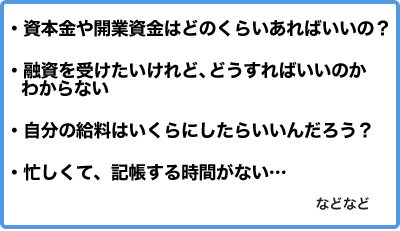 ・資本金や開業資金はどのくらいあればいいの？
・融資を受けたいけれど、どうすればいいのか
  わからない
・自分の給料はいくらにしたらいいんだろう？
・忙しくて、記帳する時間がない…などなど